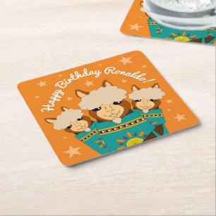 Cute Happy Birthday Boy Alpacas in Teal Serapes Square Paper Coaster