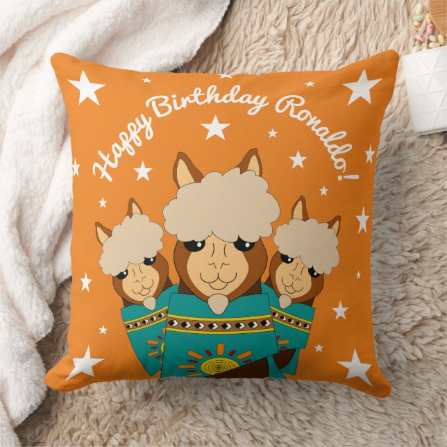 Cute Happy Birthday Boy Alpacas in Teal Serapes Throw Pillow (Blanket)