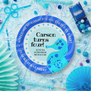 Cute Happy Birthday Boy Blue Seahorse on Waves Paper Plate