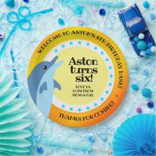 Cute Happy Birthday Boy Dolphin in the Sun Paper Plate