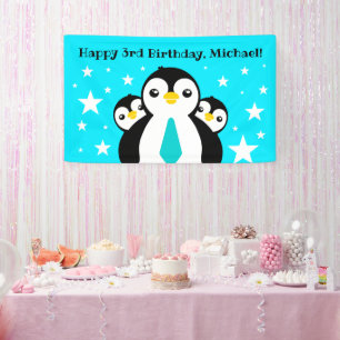 Cute Happy Birthday Boy Penguins Blue Neckties Banner