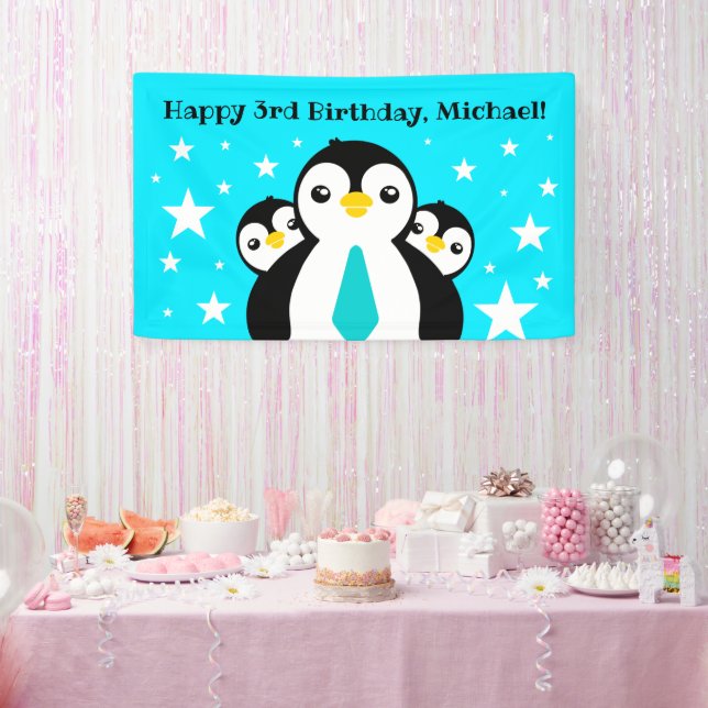 Cute Happy Birthday Boy Penguins Blue Neckties Banner (Party)