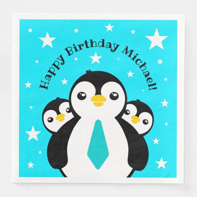 Cute Happy Birthday Boy Penguins Blue Neckties Napkin (Front)