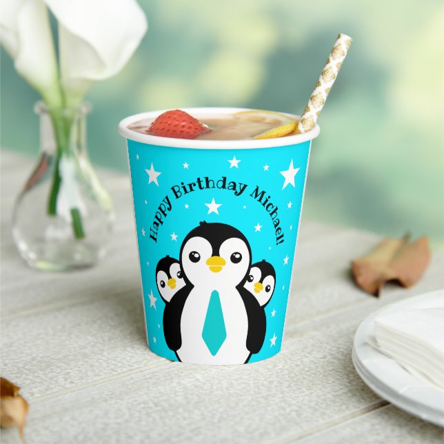 Cute Happy Birthday Boy Penguins Blue Neckties Paper Cups (Insitu)