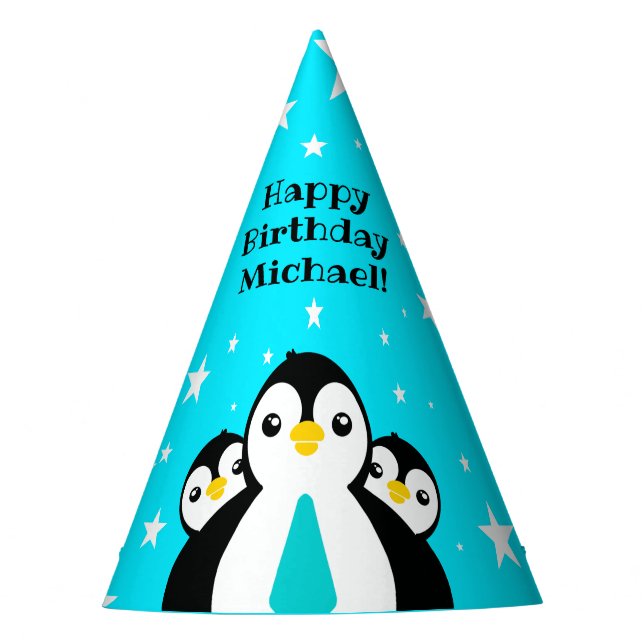 Cute Happy Birthday Boy Penguins Blue Neckties Party Hat (Front)