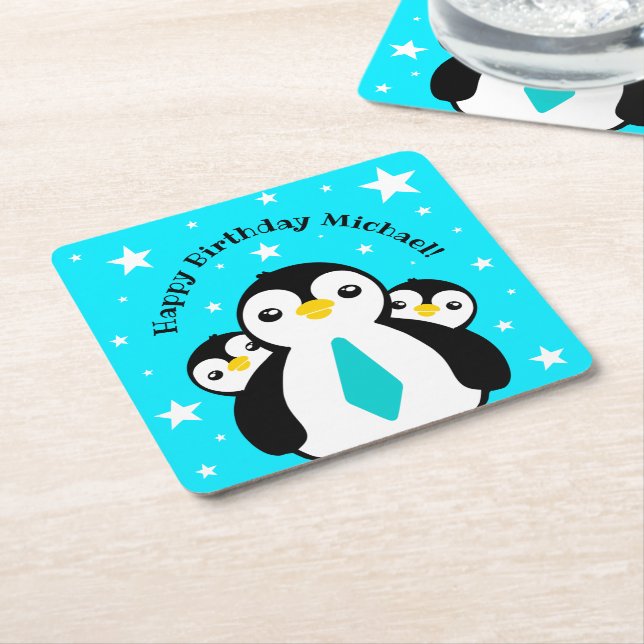 Cute Happy Birthday Boy Penguins Blue Neckties Square Paper Coaster (Angled)