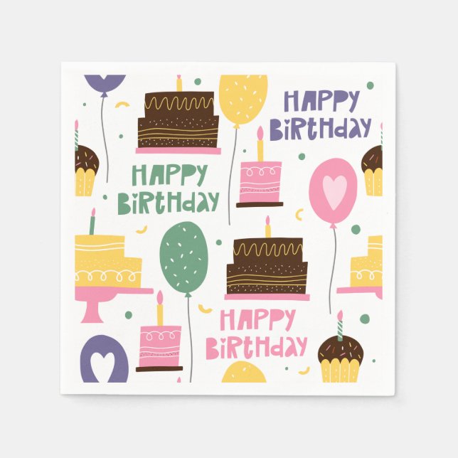 Cute Happy Birthday Cake Balloon Pattern Paper Napkin (Front)