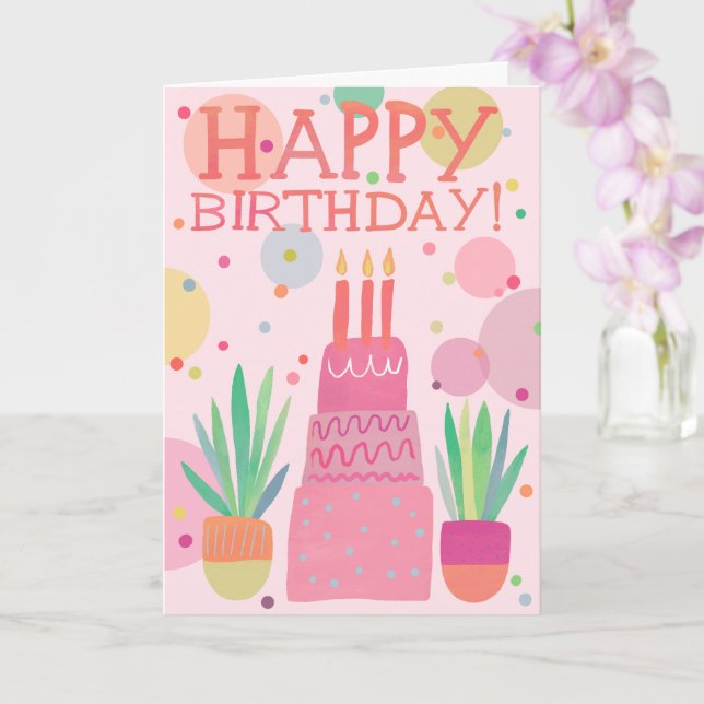 Cute Happy Birthday Cake Pink Card (Orchid)