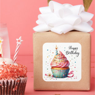 Cute Happy Birthday cupcake Square Sticker