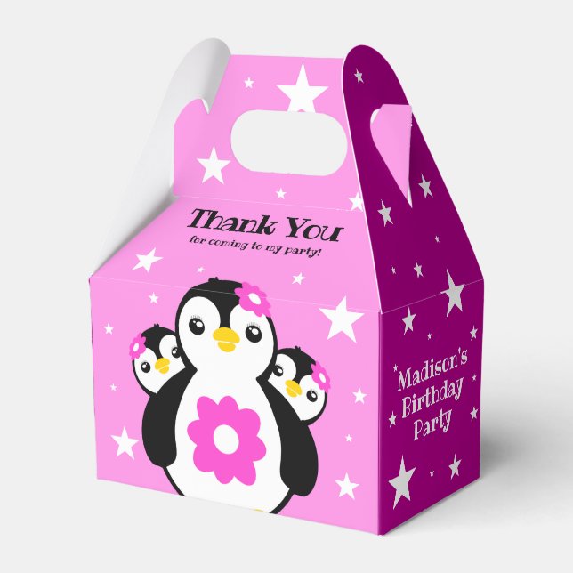 Cute Happy Birthday Girl Penguins Pink Flowers Favor Box (Front Side)