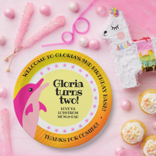 Cute Happy Birthday Girl Pink Dolphin in the Sun Paper Plate