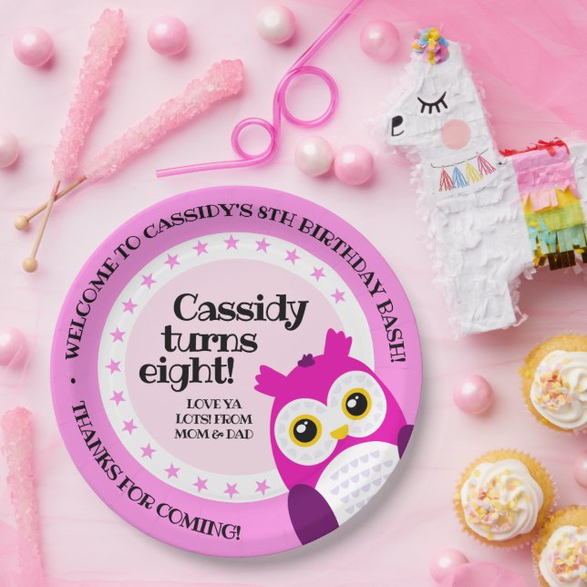 Cute Happy Birthday Girl Pink Owl Paper Plate (Party)