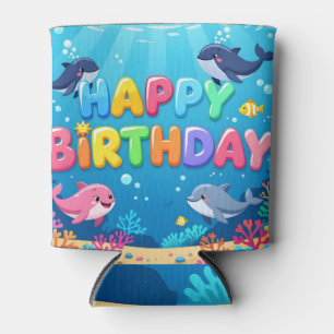 Cute Happy Birthday nautical dolphin Can Cooler