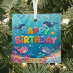 Cute Happy Birthday nautical dolphin Glass Ornament