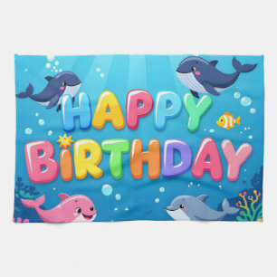 Cute Happy Birthday nautical dolphin Kitchen Towel
