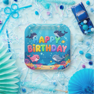 Cute Happy Birthday nautical dolphin Paper Plate