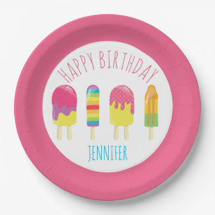 Cute Happy Birthday Popsicle Party Colourful pink Paper Plate
