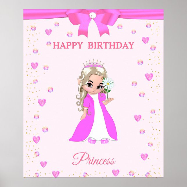 Cute Happy Birthday Princess & Gems on Pink Poster (Front)