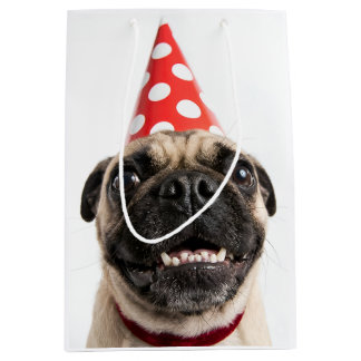 Cute Happy Birthday Pug in Red Party Hat Medium Gift Bag