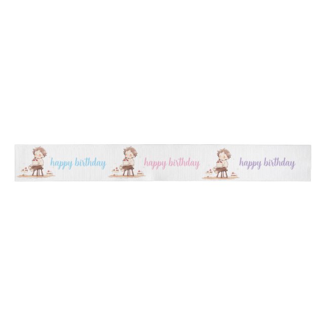 Cute Happy Birthday Ribbon – Cartoon Birthday Deco Grosgrain Ribbon (Front)