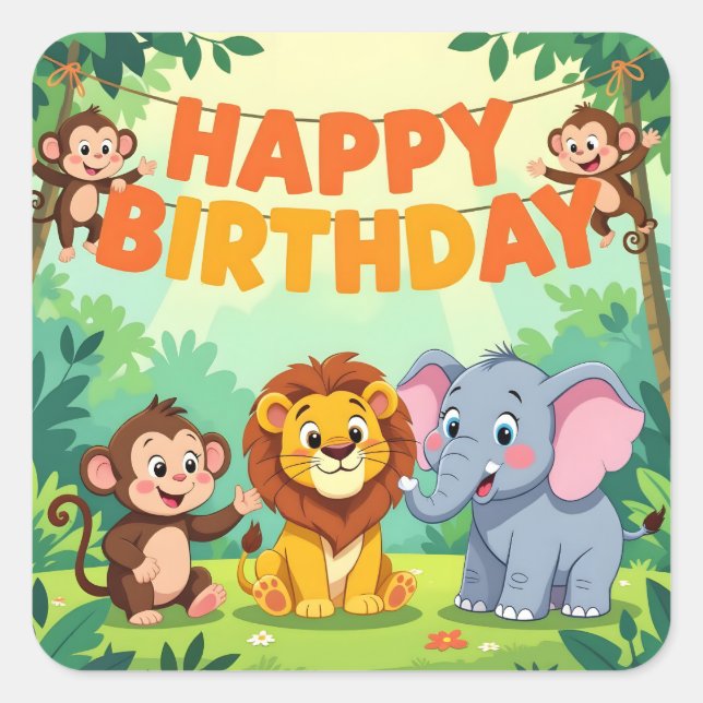 Cute Happy Birthday safari theme Square Sticker (Front)