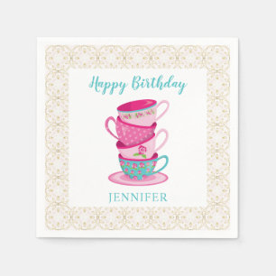 Cute Happy Birthday Tea Party Pink Whimsical cups Napkin