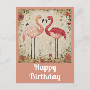 Cute Happy Birthday Watercolor Pink Flamingo Postcard
