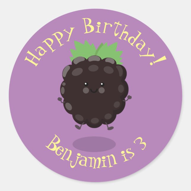 Cute happy blackberry purple cartoon illustration classic round sticker (Front)