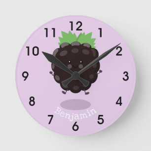 Cute happy blackberry purple cartoon illustration round clock
