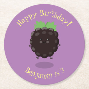 Cute happy blackberry purple cartoon illustration round paper coaster