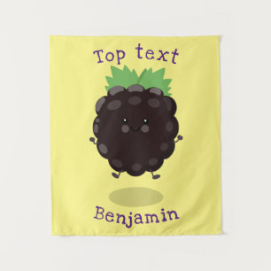 Cute happy blackberry purple cartoon illustration  tapestry
