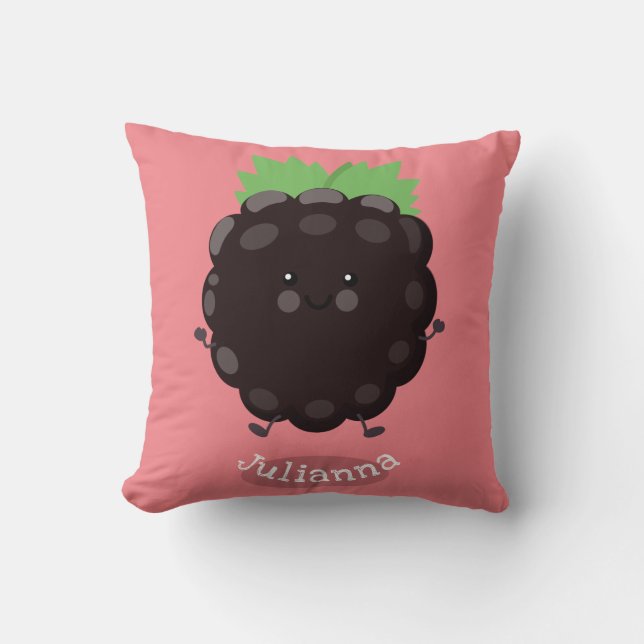 Cute happy blackberry purple cartoon illustration throw pillow (Front)