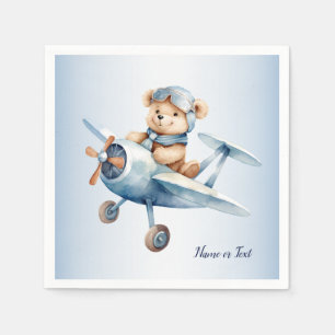 Cute Happy Blue Bear Pilot Airplane Party Napkin