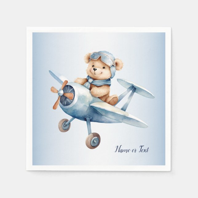 Cute Happy Blue Bear Pilot Airplane Party Napkin (Front)