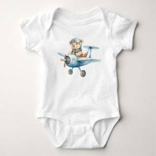 Cute Happy Blue Bear Pilot Boys Baby Bodysuit