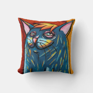 Cute Happy Blue Cat Digital Oil Pastel Throw Pillow