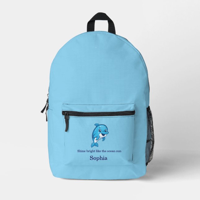Cute Happy Blue Dolphin Cartoon Sea Creature Printed Backpack (Front)