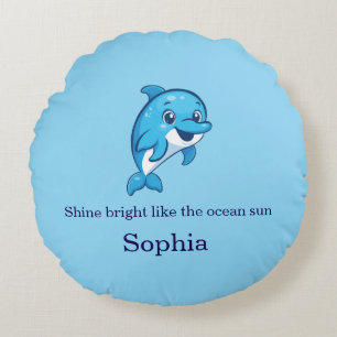 Cute Happy Blue Dolphin Cartoon Sea Creature Round Pillow