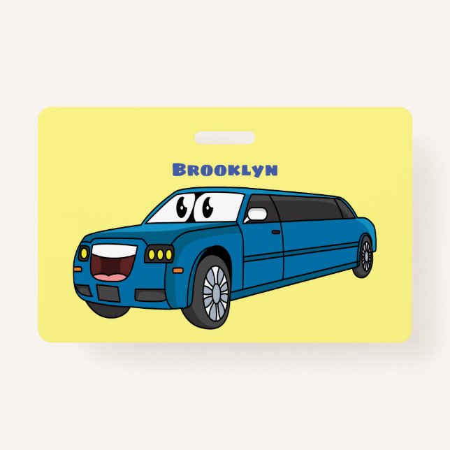 Cute happy blue Limousine cartoon car Badge (Front)