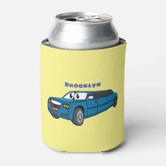 Cute happy blue Limousine cartoon car Can Cooler (Can Front)