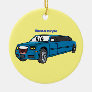 Cute happy blue Limousine cartoon car Ceramic Ornament
