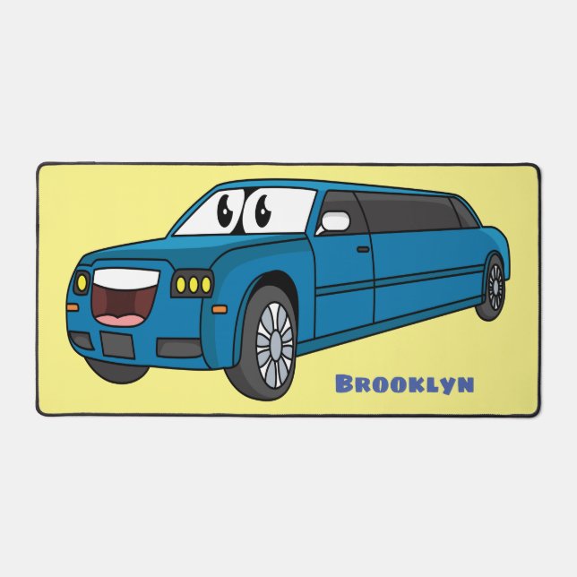 Cute happy blue Limousine cartoon car Desk Mat (Front)
