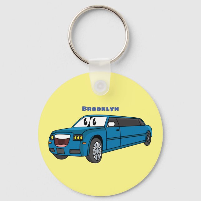 Cute happy blue Limousine cartoon car Keychain (Front)