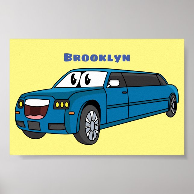 Cute happy blue Limousine cartoon car  Poster (Front)