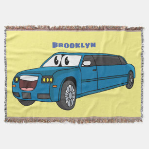 Cute happy blue Limousine cartoon car Throw Blanket