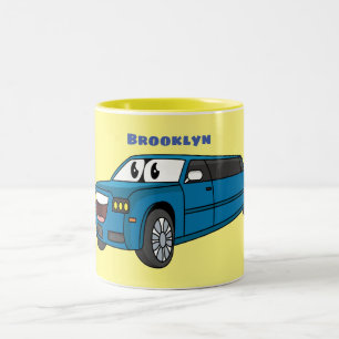 Cute happy blue Limousine cartoon car Two-Tone Coffee Mug