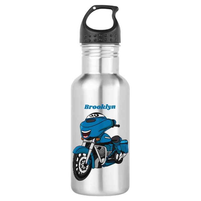 Cute happy blue motorcycle cartoon 532 ml water bottle (Front)