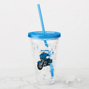 Cute happy blue motorcycle cartoon acrylic tumbler