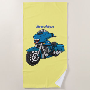 Cute happy blue motorcycle cartoon beach towel