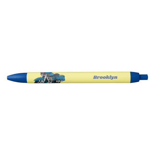 Cute happy blue motorcycle cartoon black ink pen (Front)